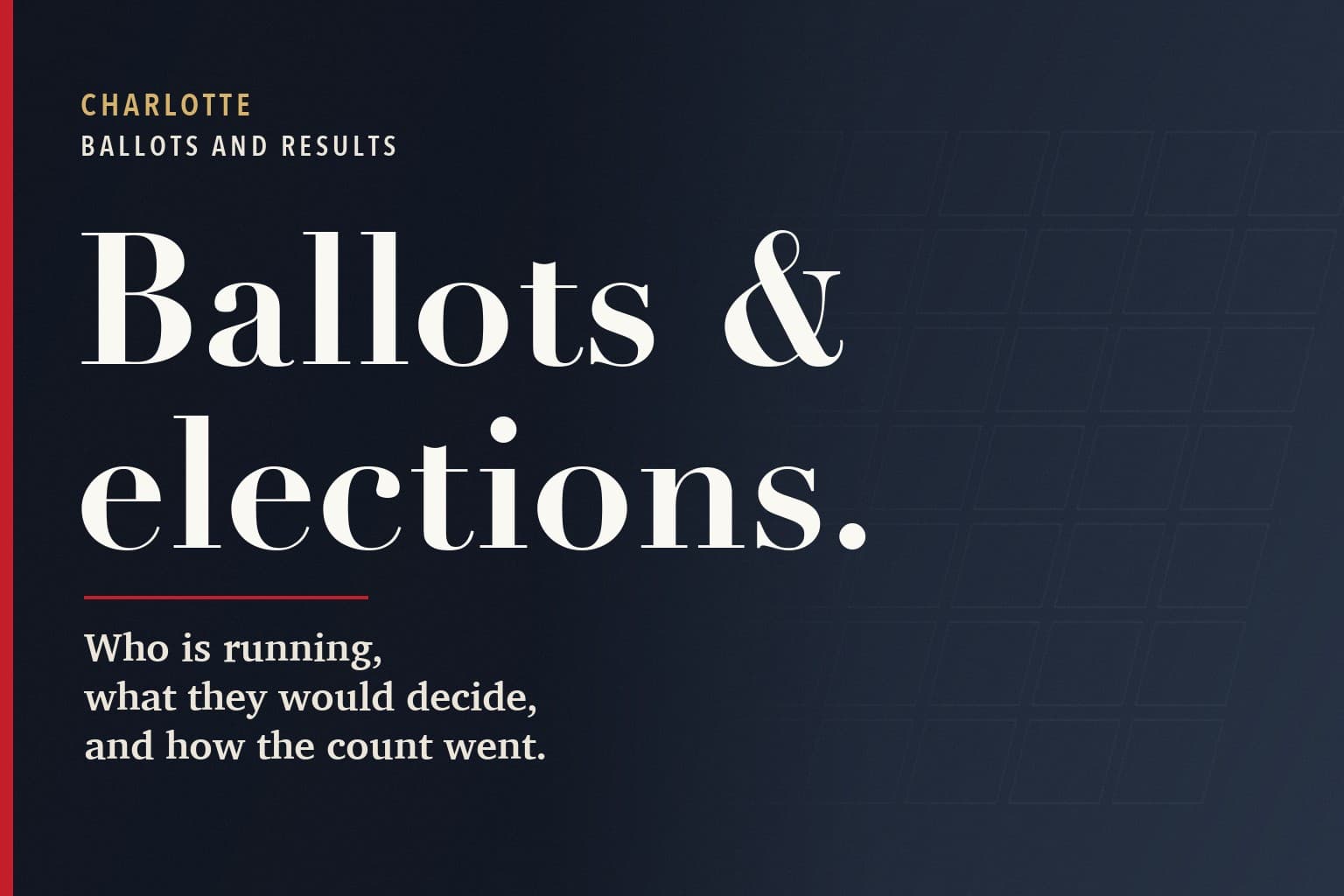 Charlotte Mercury graphic. The words Ballots & elections. in large white type on a dark navy background, above the line: Who is running, what they would decide, and how the count went.