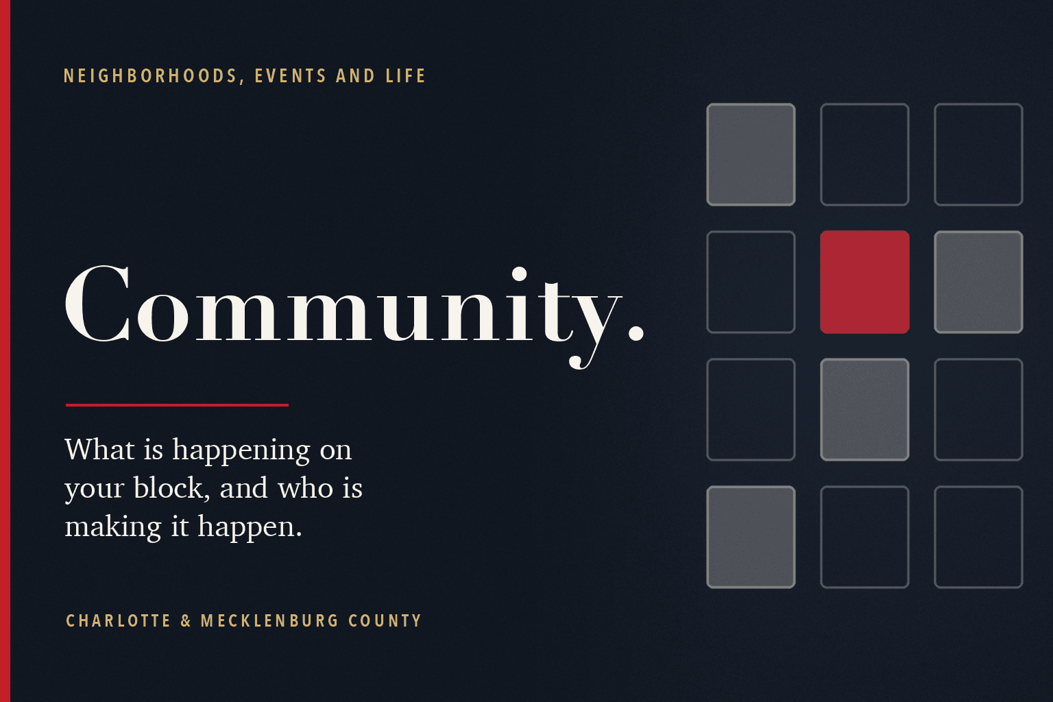 A navy editorial card reading Community, with a grid of city blocks, one marked in red.