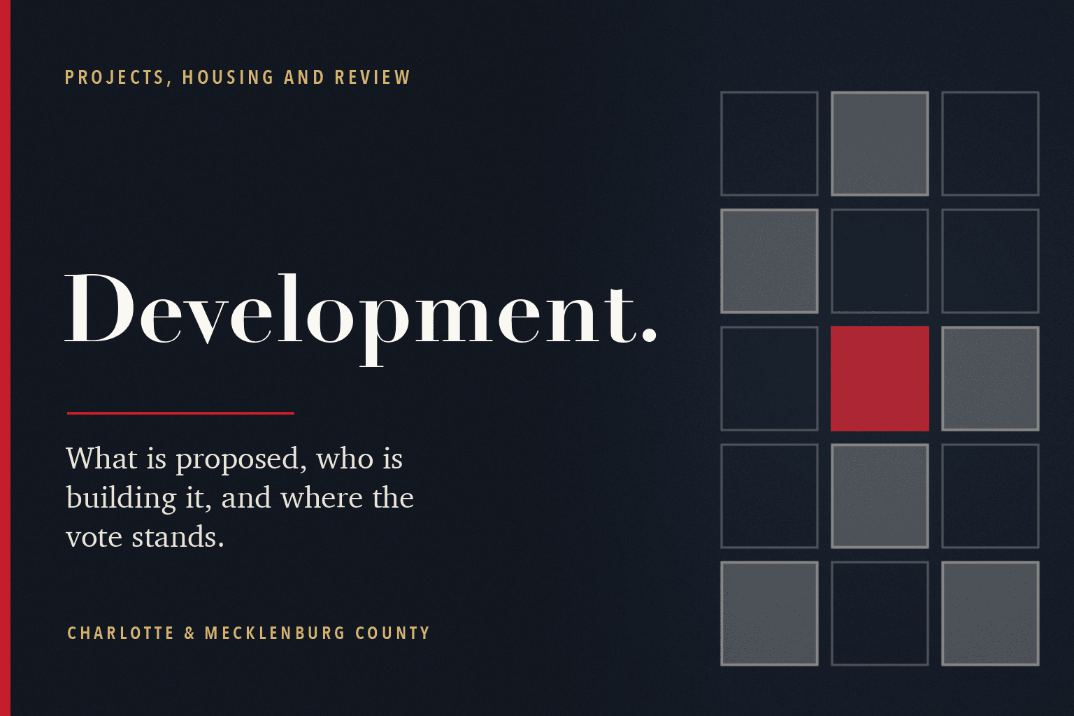 A navy editorial card reading Development, with a grid of building lots, one marked in red.