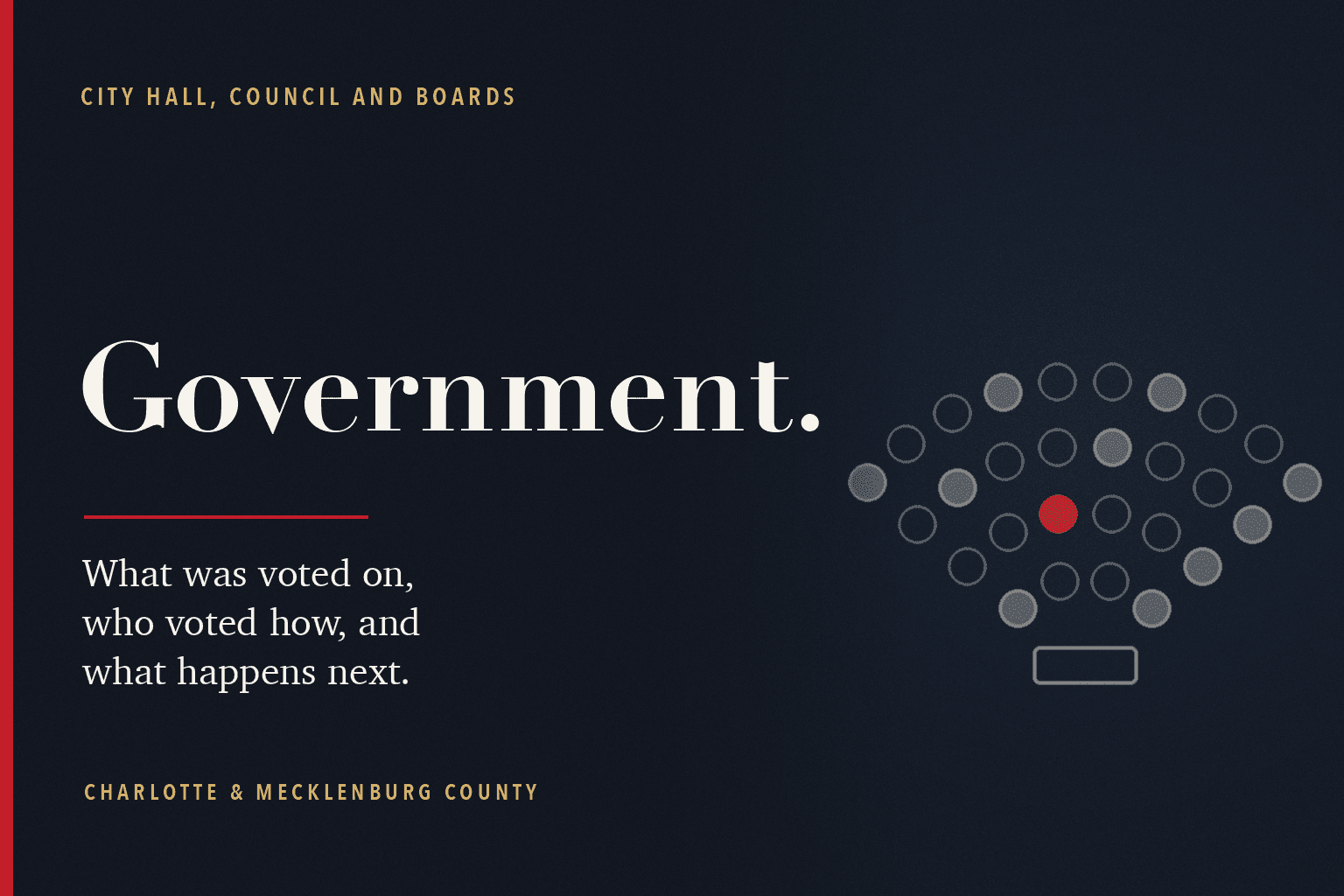 A navy editorial card reading Government, with a fan of council seats around a podium, one seat marked in red.
