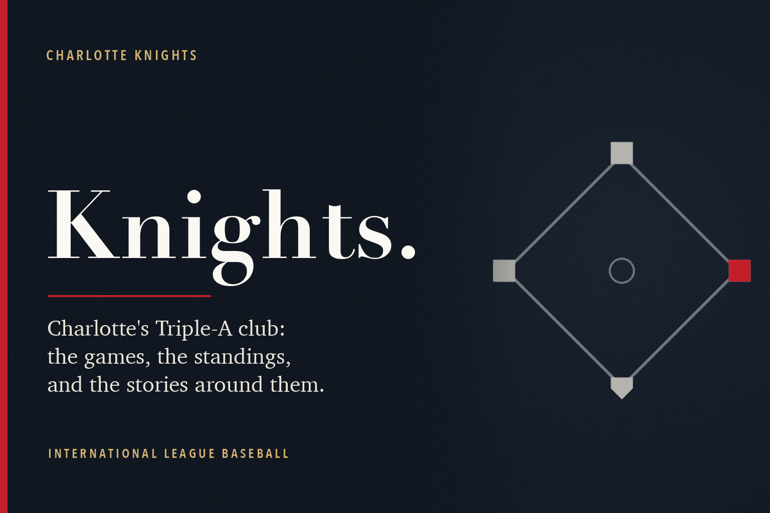 A navy editorial card reading Knights, with a baseball diamond and a red base.