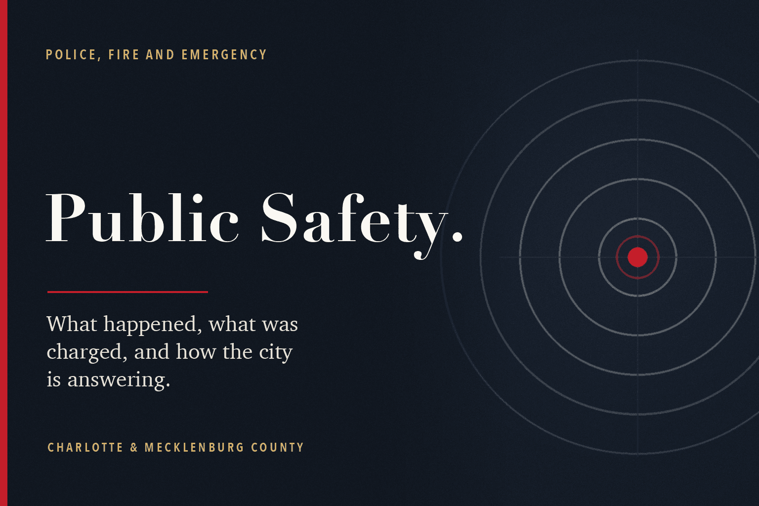 A navy editorial card reading Public Safety, with rings spreading from a red point.