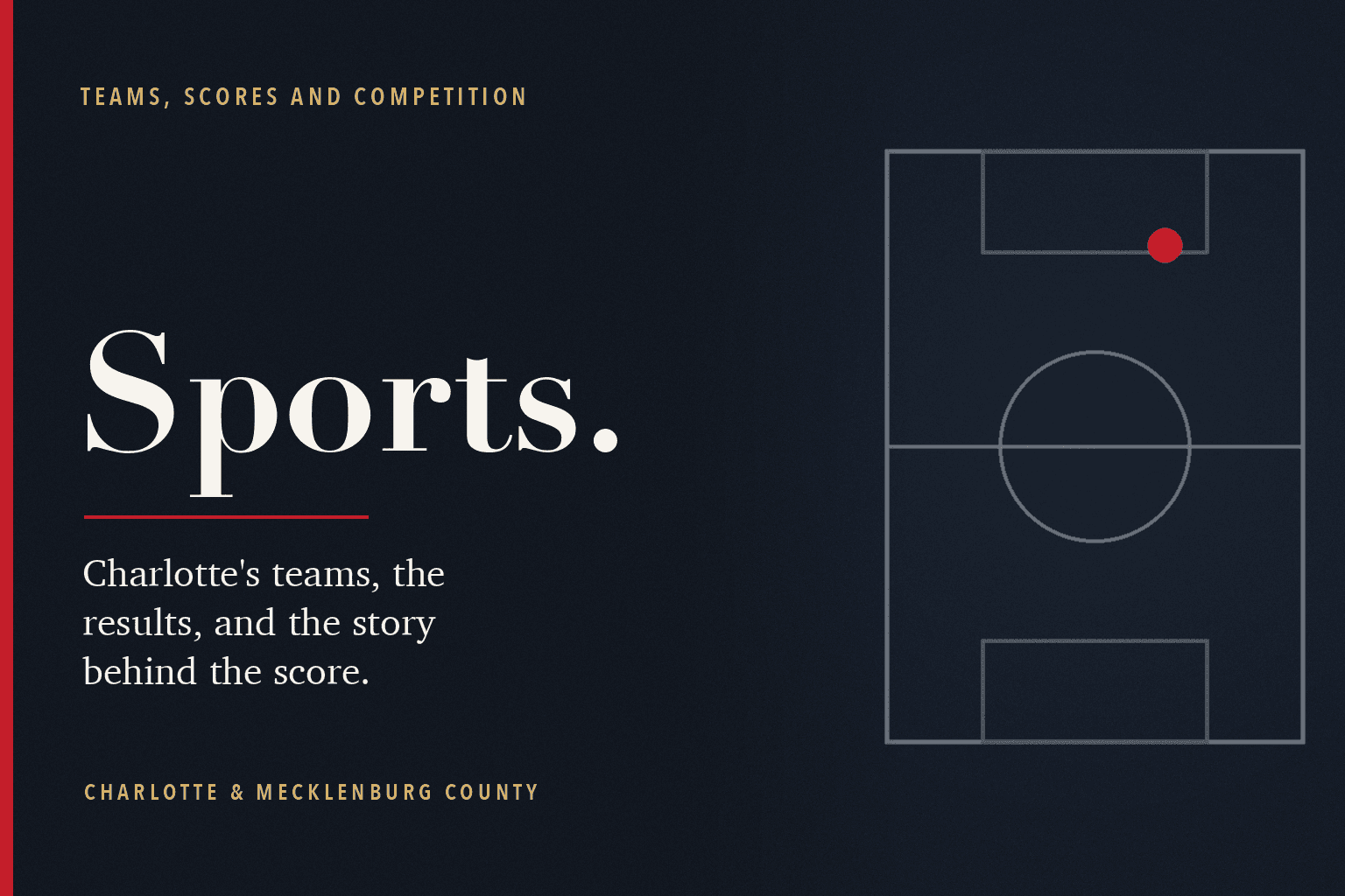 A navy editorial card reading Sports, with a pitch seen from above and a red ball.