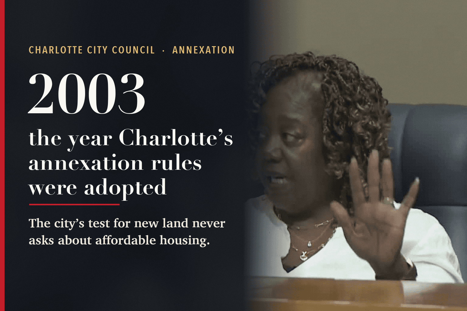 Council Member LaWana Mayfield gestures while speaking at the Charlotte City Council dais beside text reading 2003, the year Charlotte's annexation rules were adopted.