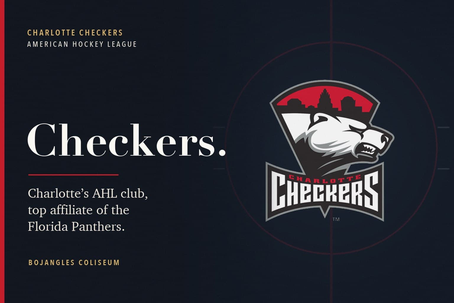 The Charlotte Checkers logo on a dark navy field with faint hockey rink markings, beside text reading Checkers, Charlotte's AHL club, top affiliate of the Florida Panthers.