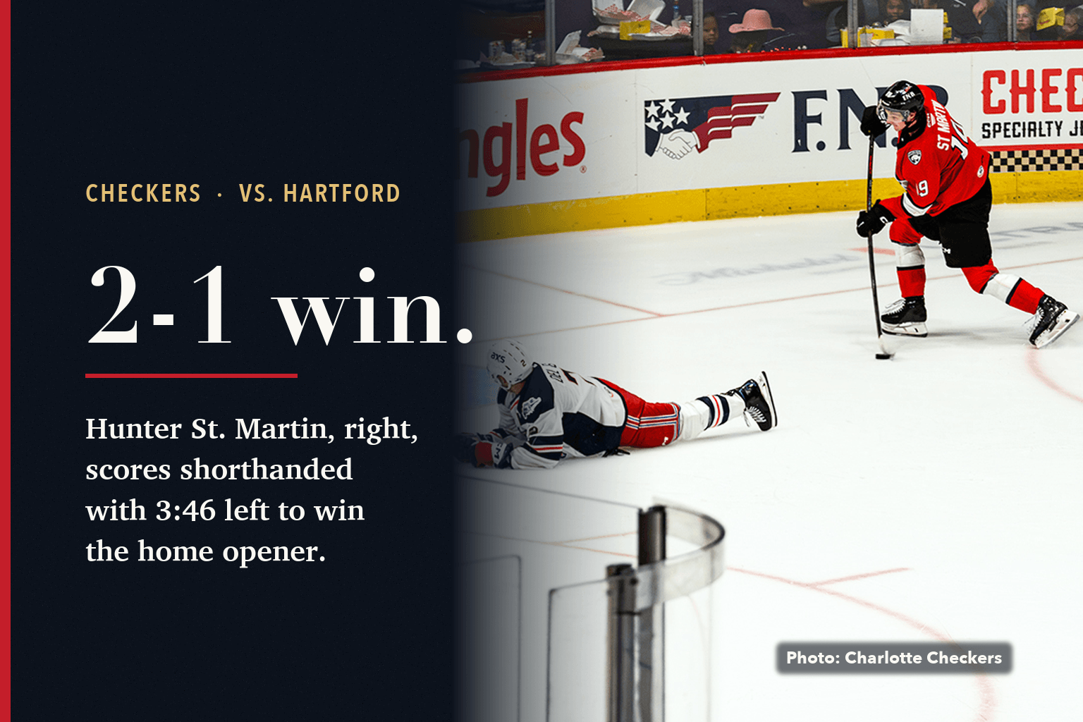 Hunter St. Martin of the Checkers, No. 19 in red, shoots at Bojangles Coliseum as a Hartford player lies on the ice, beside a navy panel reading 2-1 win: Hunter St. Martin scores shorthanded with 3:46 left to win the home opener.