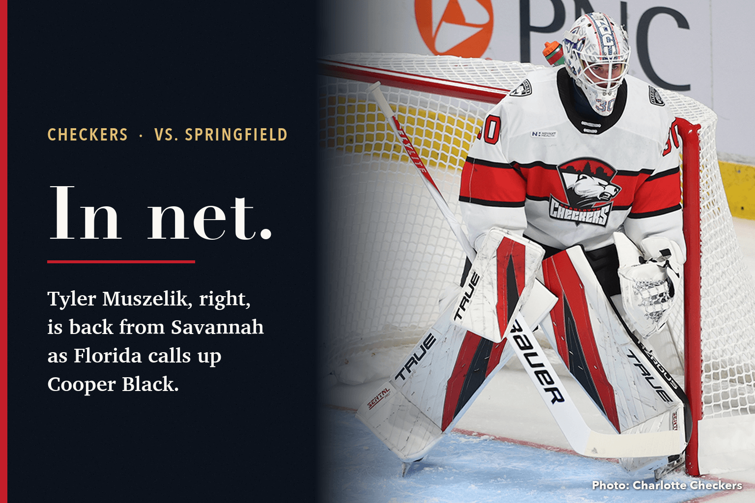 Checkers goalie Tyler Muszelik, No. 30 in white, in his crease beside a navy panel reading In net: Tyler Muszelik is back from Savannah as Florida calls up Cooper Black.