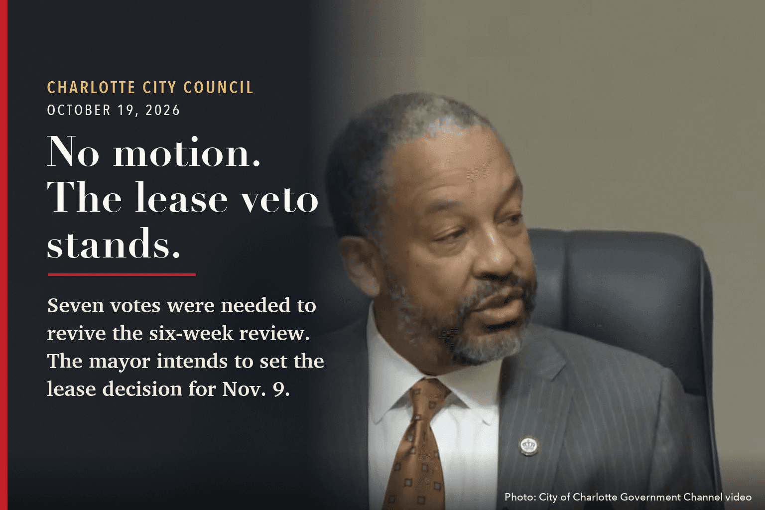 Mayor Rob Harrington at the council dais, beside the words: No motion. The lease veto stands. Seven votes were needed to revive the six-week review. The mayor intends to set the lease decision for Nov. 9.