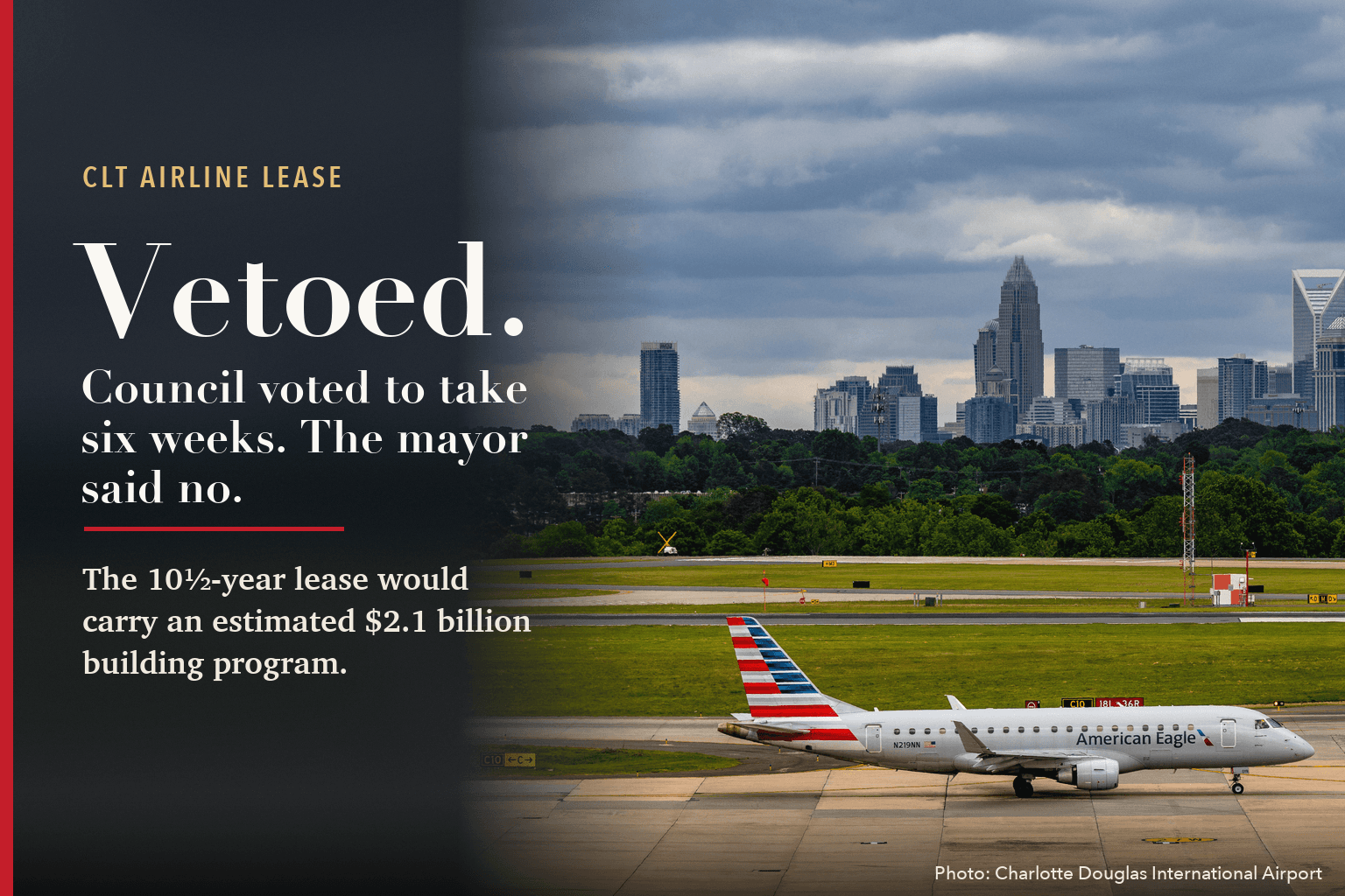An American Eagle regional jet taxis at Charlotte Douglas International Airport with uptown Charlotte's skyline behind it, beside the words: Vetoed. Council voted to take six weeks. The mayor said no.