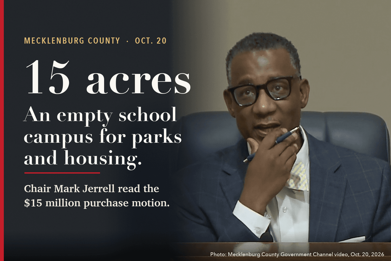 Mecklenburg commission Chair Mark Jerrell at the dais at the Oct. 20 meeting, beside the words: 15 acres. An empty school campus for parks and housing.