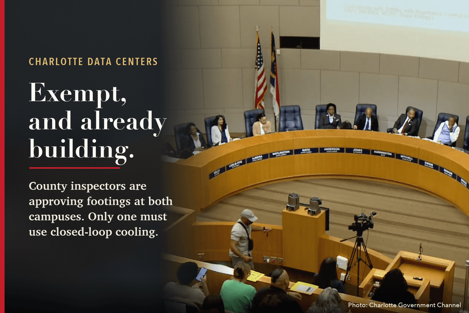 Charlotte City Council chamber during the Oct. 12 data center hearing, council at the dais and residents in the seats, beside the words: Exempt, and already building. County inspectors are approving footings at both campuses. Only one must use closed-loop cooling.