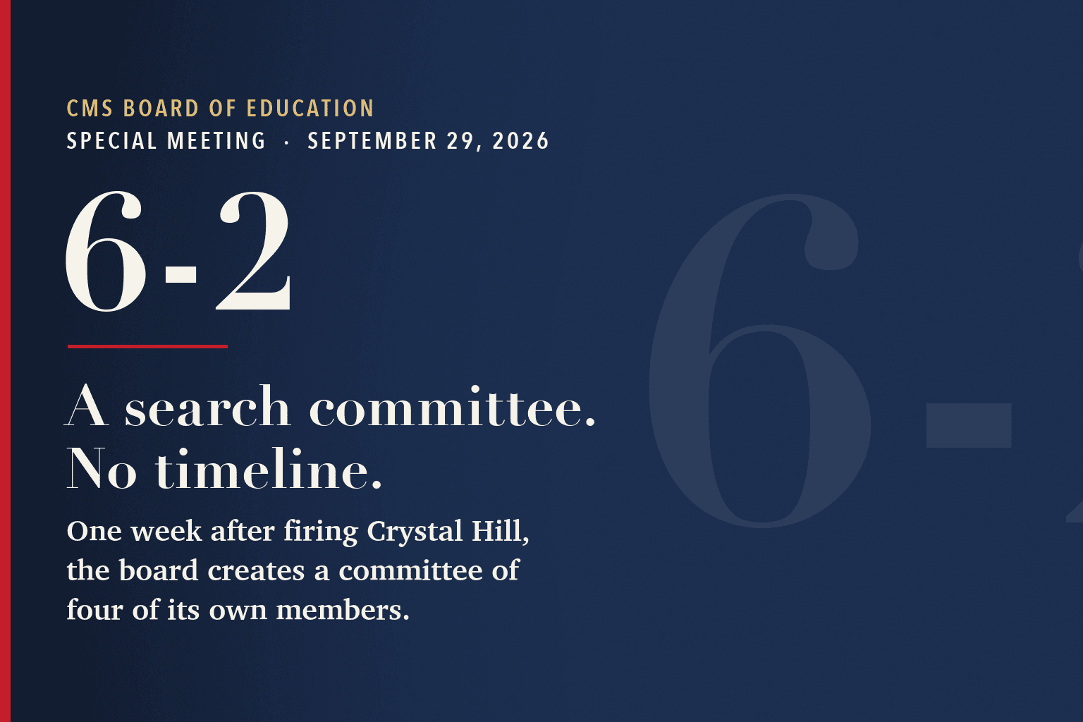 Typographic navy card with a faint oversized 6-2 in the background. Text reads: CMS Board of Education, special meeting, September 29, 2026. 6-2. A search committee. No timeline. One week after firing Crystal Hill, the board creates a committee of four of its own members.
