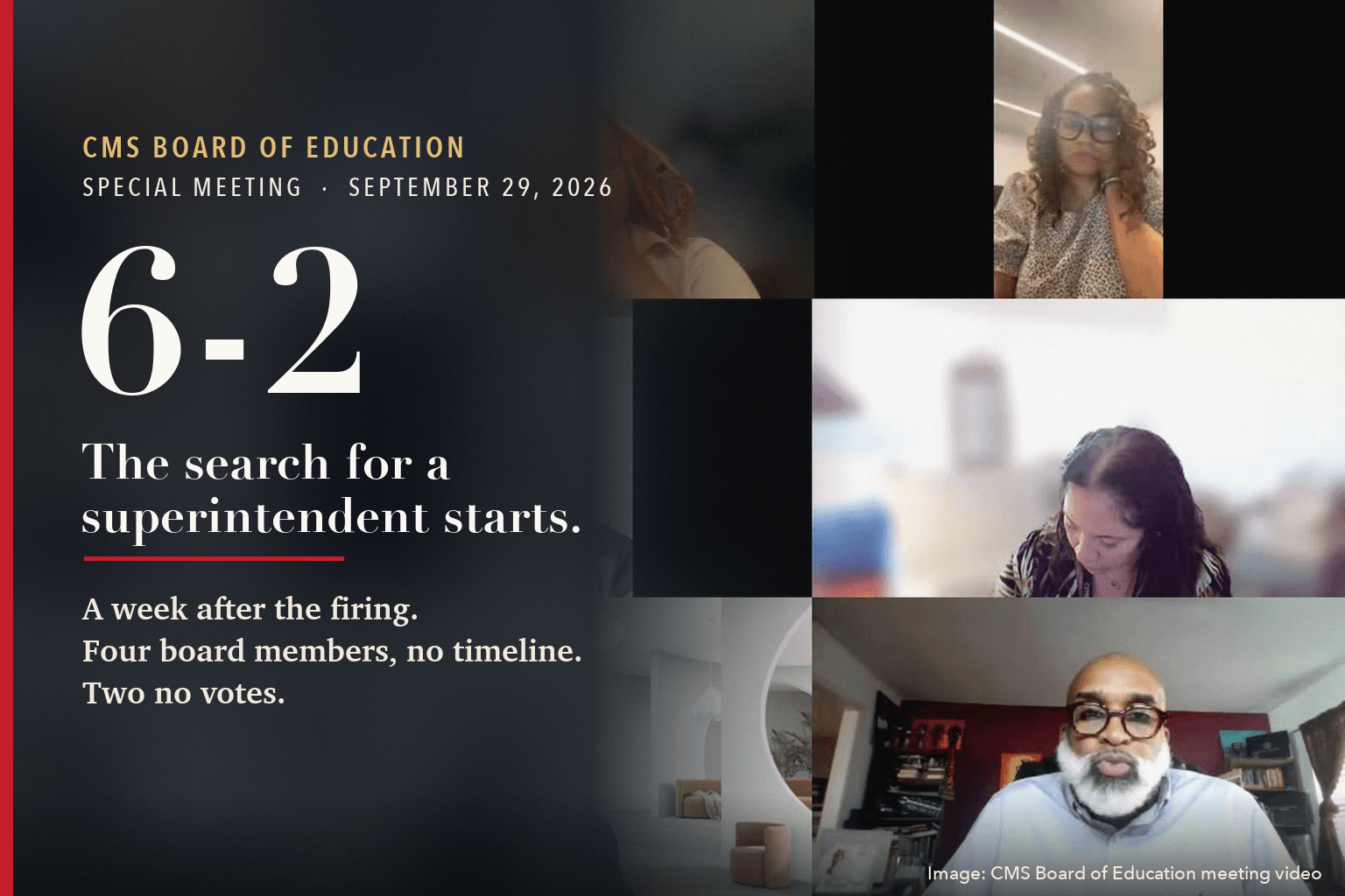 Board members and staff on the Microsoft Teams call for the Sept. 29 CMS Board of Education special meeting, beside text reading 6-2, the search for a superintendent starts.