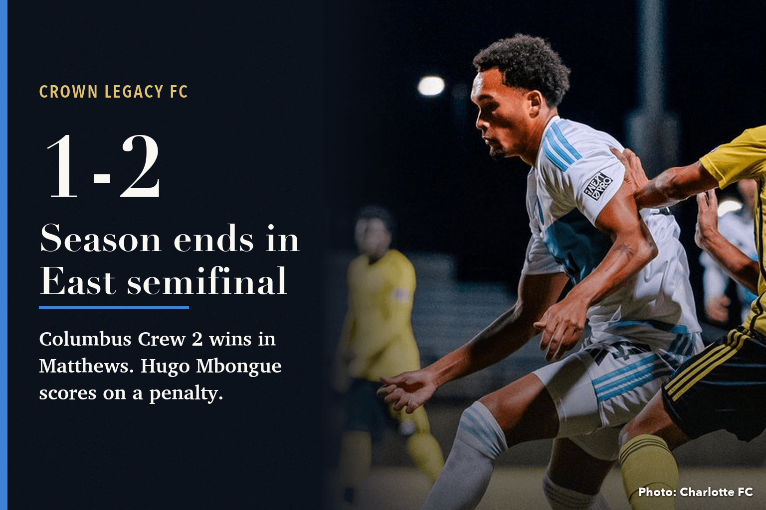 Card reading Crown Legacy FC, 1-2, season ends in East semifinal, Columbus Crew 2 wins in Matthews, Hugo Mbongue scores on a penalty, beside a photo of a Crown Legacy player in the white home kit and a Columbus player in yellow
