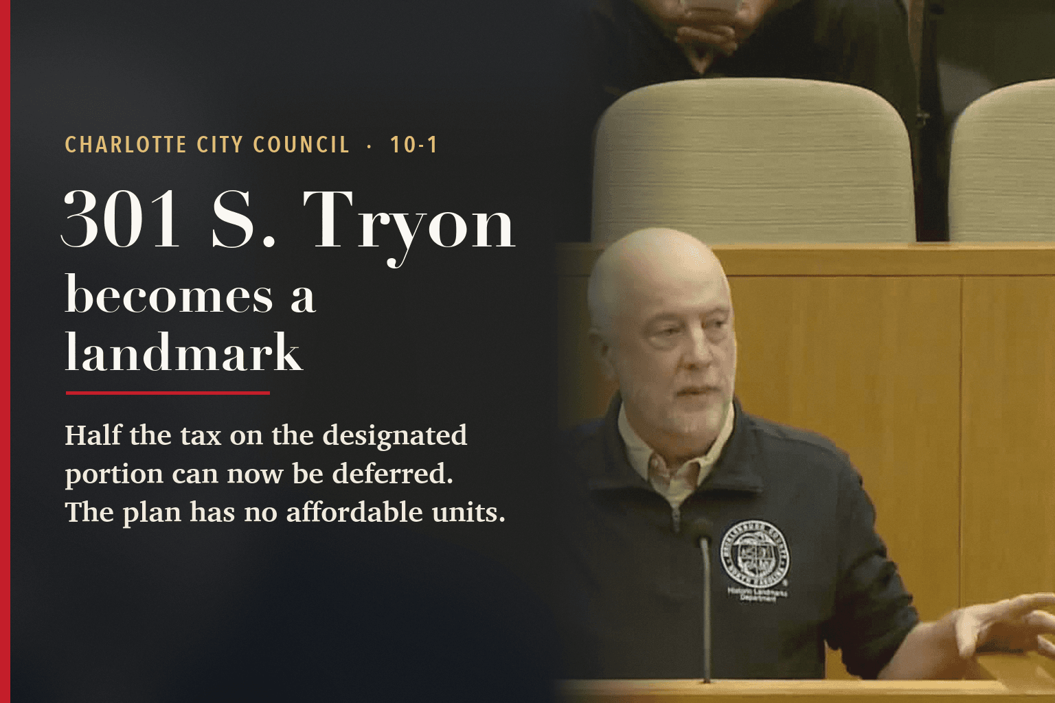 Stewart Gray speaks at a lectern in the Charlotte City Council chamber beside text reading 301 S. Tryon becomes a landmark.