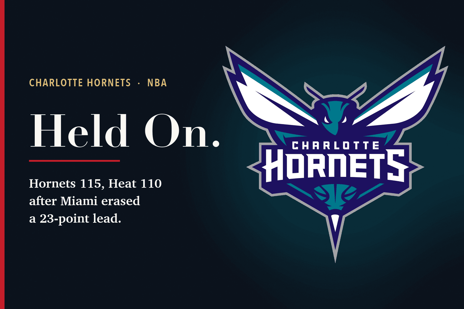 Card reading 'Held On. Hornets 115, Heat 110 after Miami erased a 23-point lead' beside the Charlotte Hornets logo.