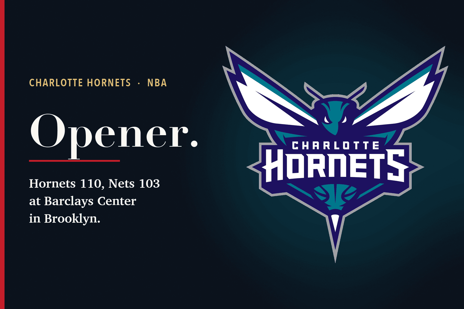 Card reading 'Opener. Hornets 110, Nets 103 at Barclays Center in Brooklyn' beside the Charlotte Hornets logo.