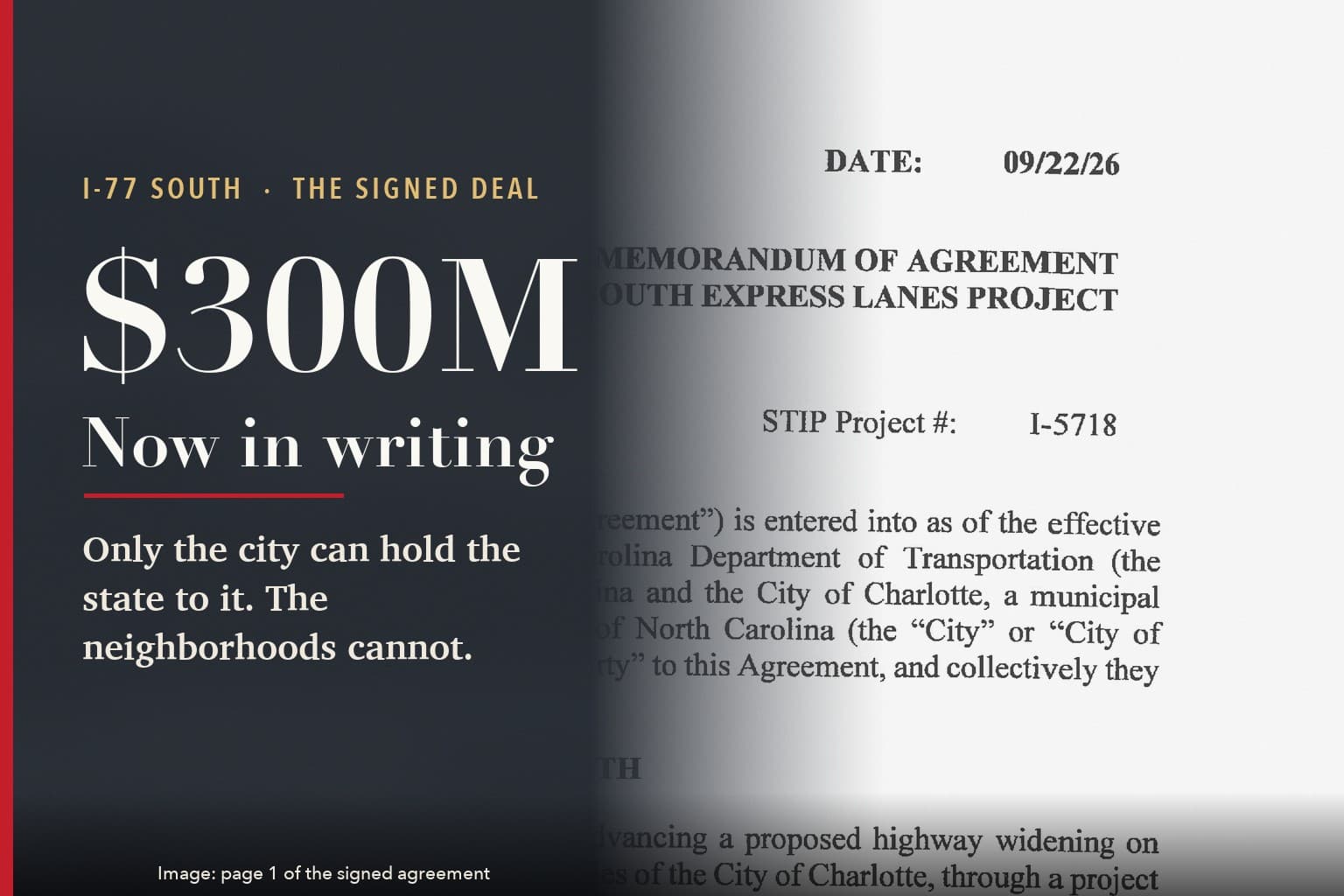 Editorial card reading $300M, Now in writing, with the line: Only the city can hold the state to it. The neighborhoods cannot. Beside it, page 1 of the signed memorandum of agreement for the I-77 South Express Lanes Project, dated 09/22/26.