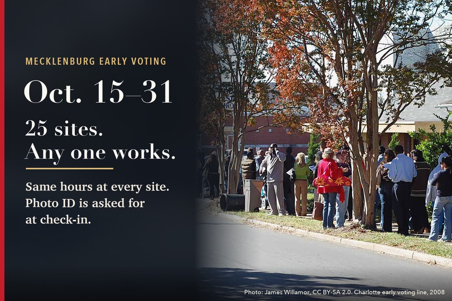 Voters standing in a long early voting line along a tree-lined Charlotte street in fall, beside the words: Mecklenburg early voting, Oct. 15–31. 25 sites. Any one works. Same hours at every site. Photo ID is asked for at check-in.