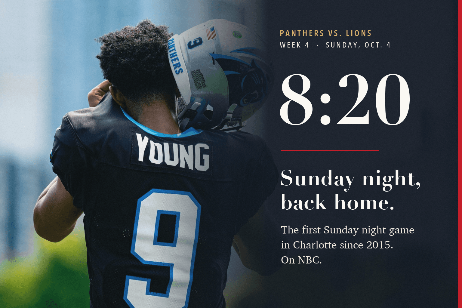 Bryce Young, No. 9, seen from behind at Panthers training camp, beside the kickoff time 8:20 and the words Sunday night, back home.