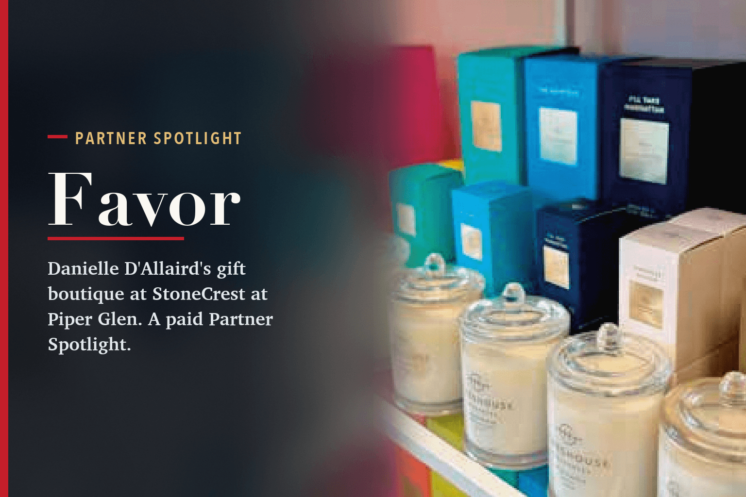 Candles and boxed gifts on a shelf at Favor, beside the words Favor, Partner Spotlight.
