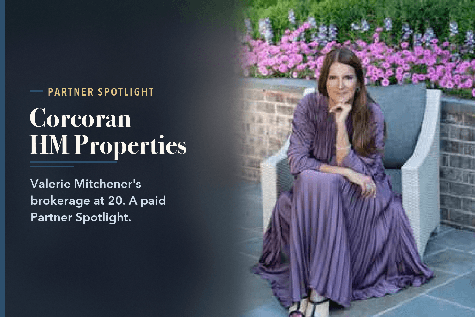 Valerie Mitchener in a purple pleated dress, seated in a white outdoor chair with pink flowers behind her, beside the words Corcoran HM Properties Marks 20 Years in Charlotte.