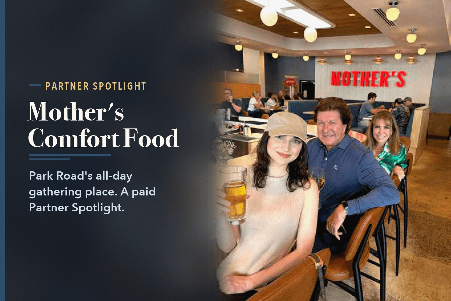 Three adults at the bar inside Mother's: a young woman in a cream top and cap raising a glass of beer, beside a man in a blue shirt and a woman in green, with the red MOTHER'S sign and globe pendant lights behind, beside the words Mother's Comfort Food & Cocktails at Park Road.