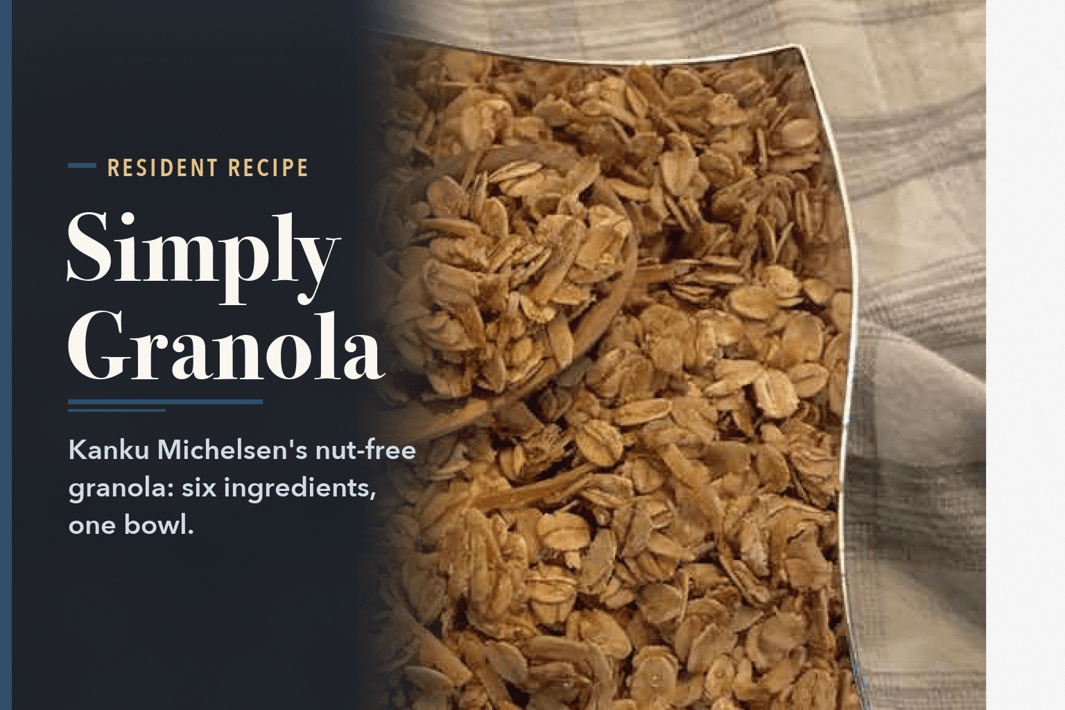 Finished granola in a metal pan with a wooden spoon, on a plaid cloth. No people, beside the words Simply Granola: a Nut-Free Recipe From Kanku Michelsen.