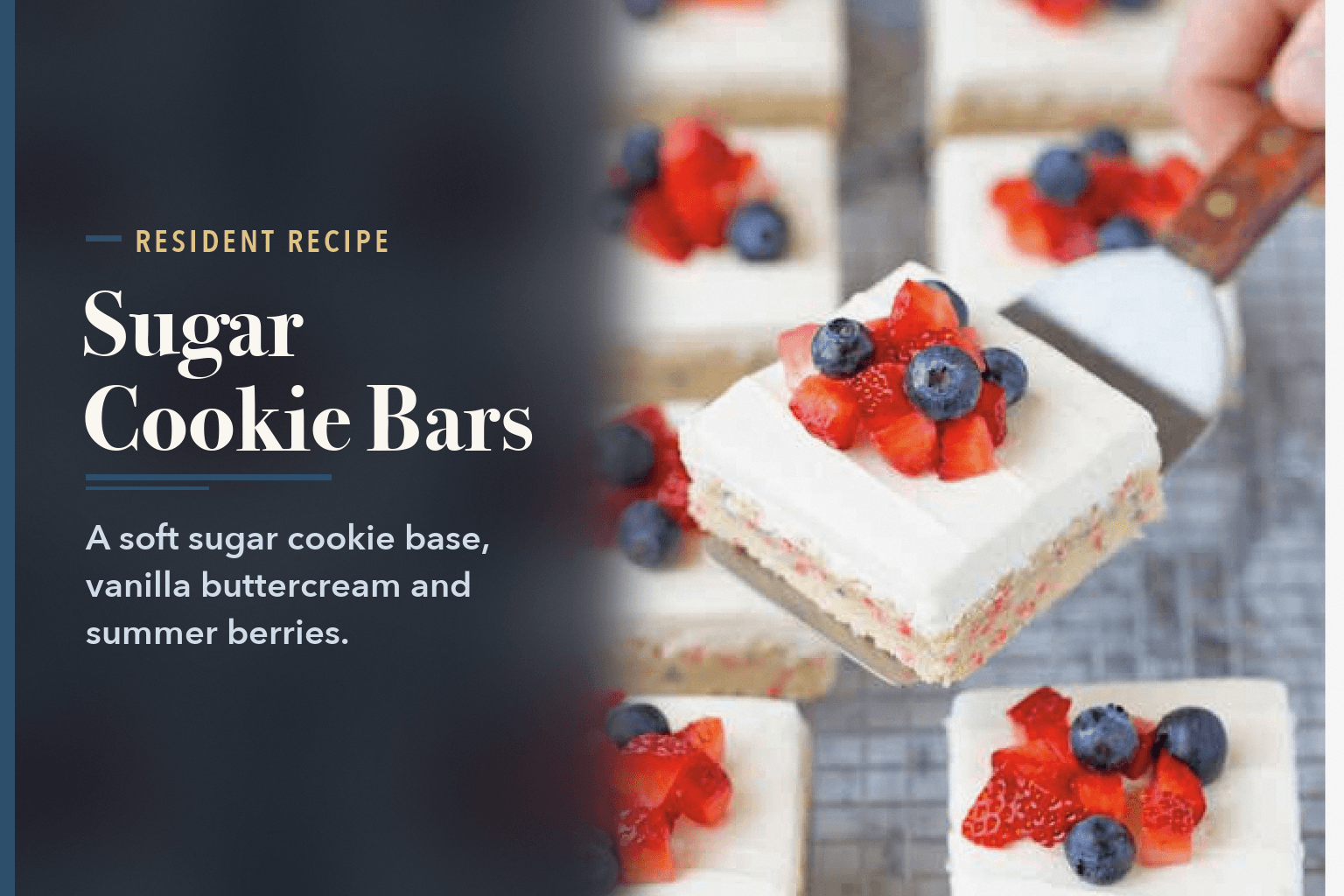 Frosted sugar cookie bars topped with strawberries and blueberries, one lifted on a wooden-handled spatula, on a gray surface, beside the words 4th of July Sugar Cookie Bars Recipe.