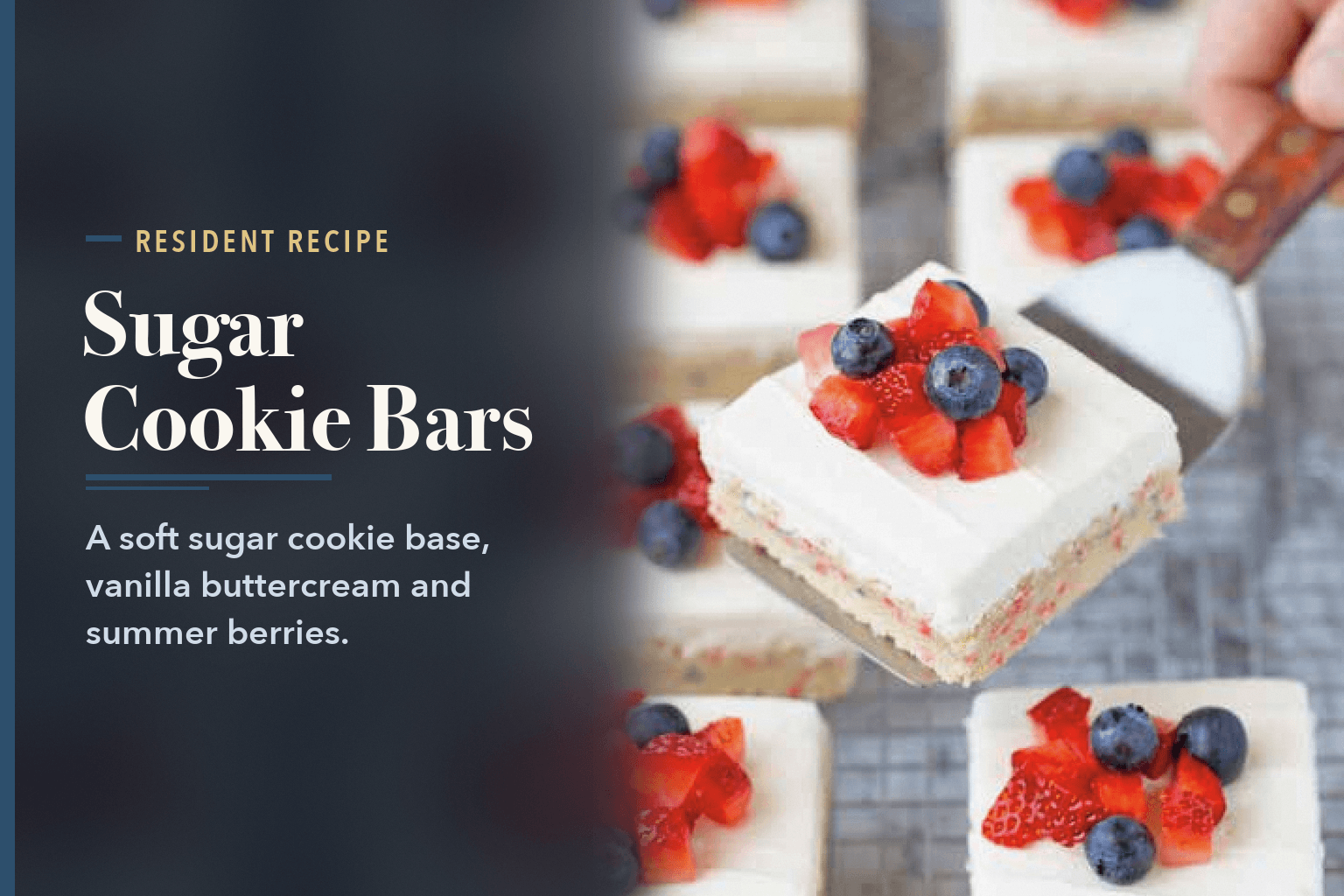 Frosted sugar cookie bars topped with strawberries and blueberries, one lifted on a wooden-handled spatula, on a gray surface, beside the words 4th of July Sugar Cookie Bars Recipe.