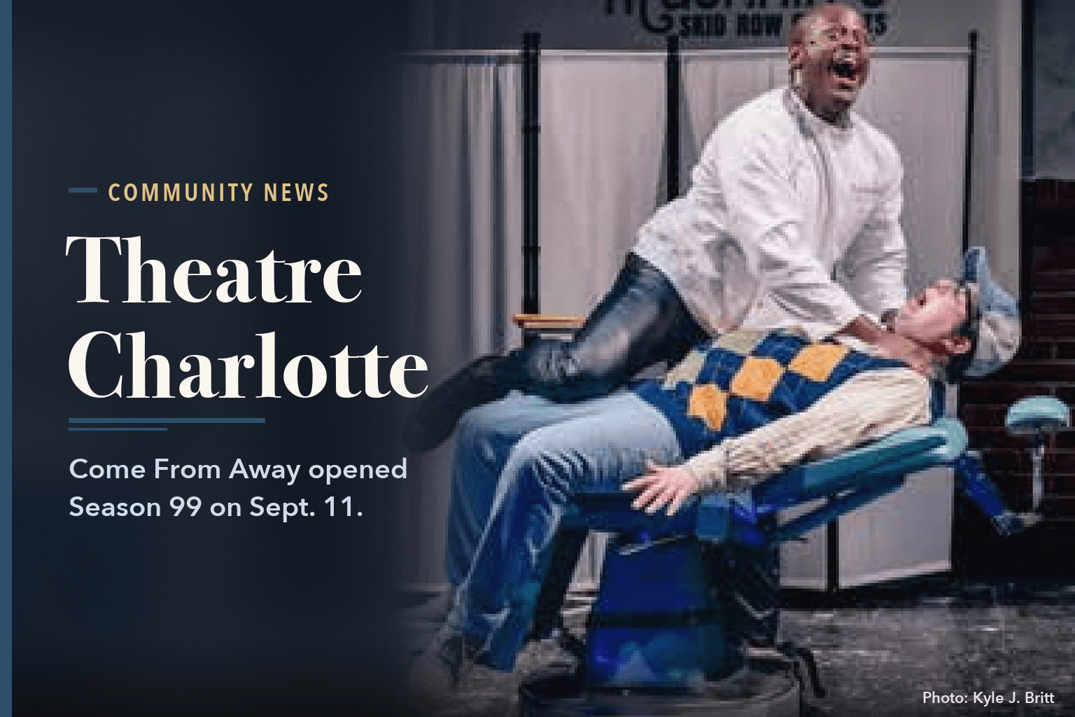 Stage scene from Little Shop of Horrors: an actor inside the open mouth of a giant green-and-red plant puppet under colored stage light, beside the words Theatre Charlotte Opens Season 99 With Come From Away.