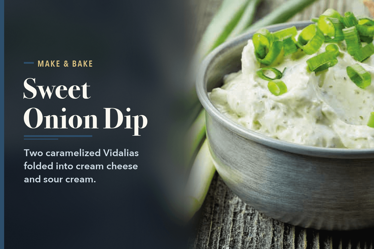 A gray bowl of creamy dip topped with chopped green onions on a wooden table with whole green onions beside it, beside the words Sweet Onion Dip for Tailgate Season.