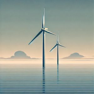 A minimalist illustration of two wind turbines standing in calm ocean waters during a tranquil sunset, with a gradient sky transitioning from orange to blue.