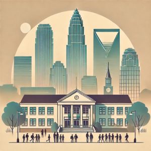 A minimalist illustration featuring the Charlotte skyline in the background with iconic skyscrapers. The foreground includes symbolic school buildings and families, conveying themes of education and community.